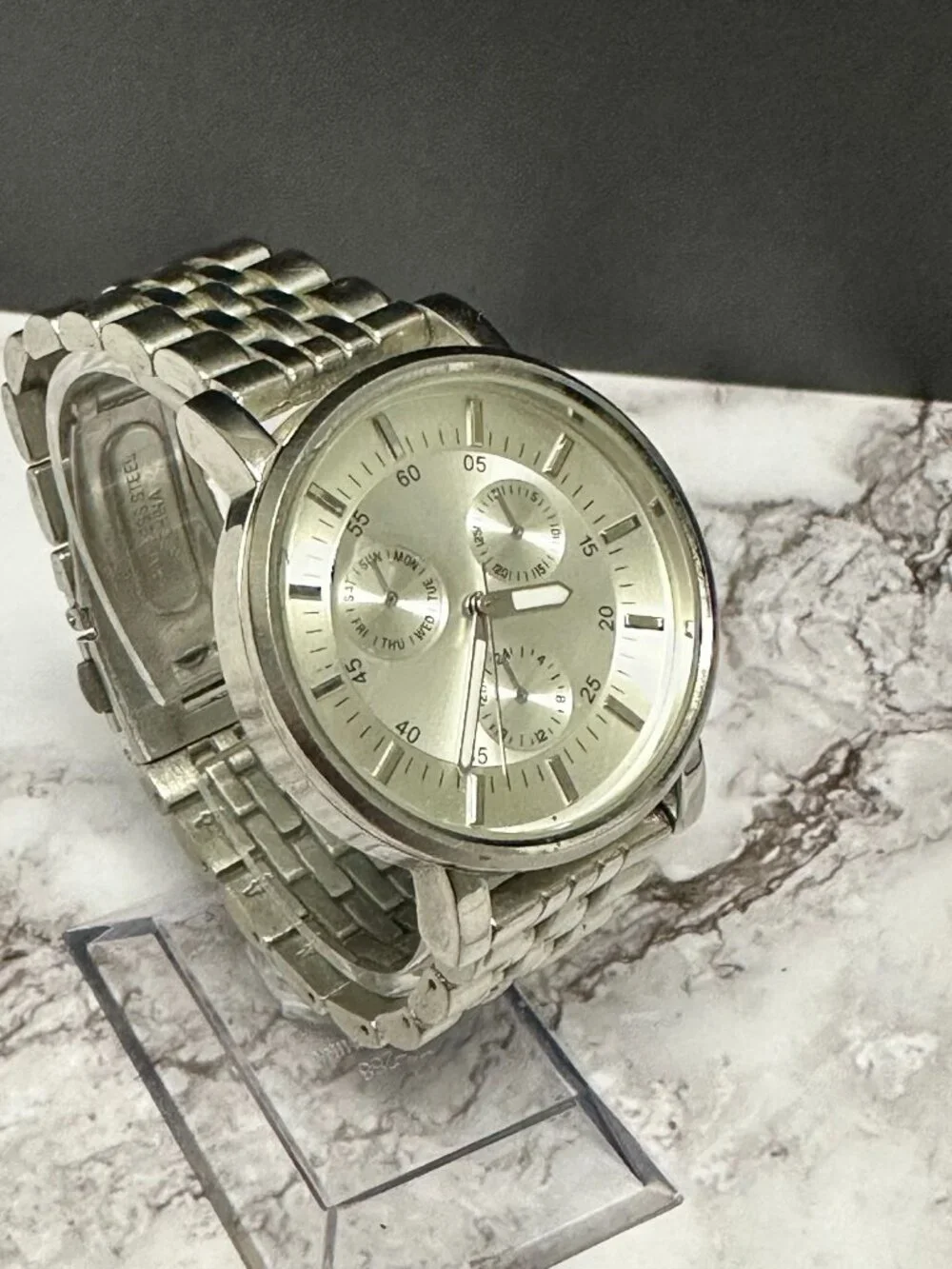 3/$30 Merona Watch Women Silver Tone Baton Indexes Round 38MM Dial 7.5